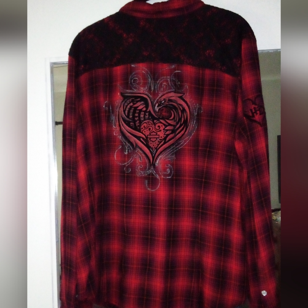New without tags red black Harley-Davidson plaid Pearl button-up shirt